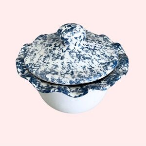 Blue and White Speckled Ceramic Dish with Lid